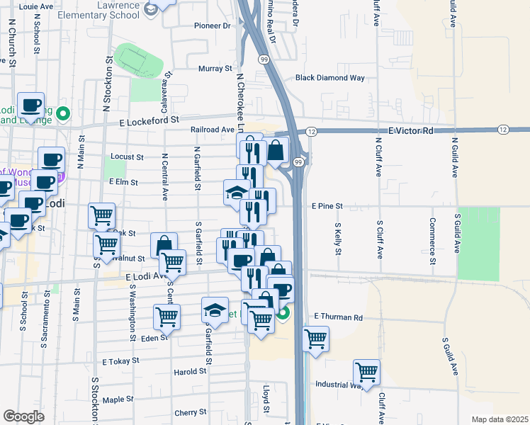 map of restaurants, bars, coffee shops, grocery stores, and more near 610 East Oak Street in Lodi