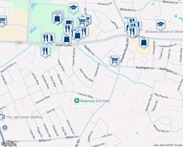 map of restaurants, bars, coffee shops, grocery stores, and more near 8018 White Cedar Drive in Louisville