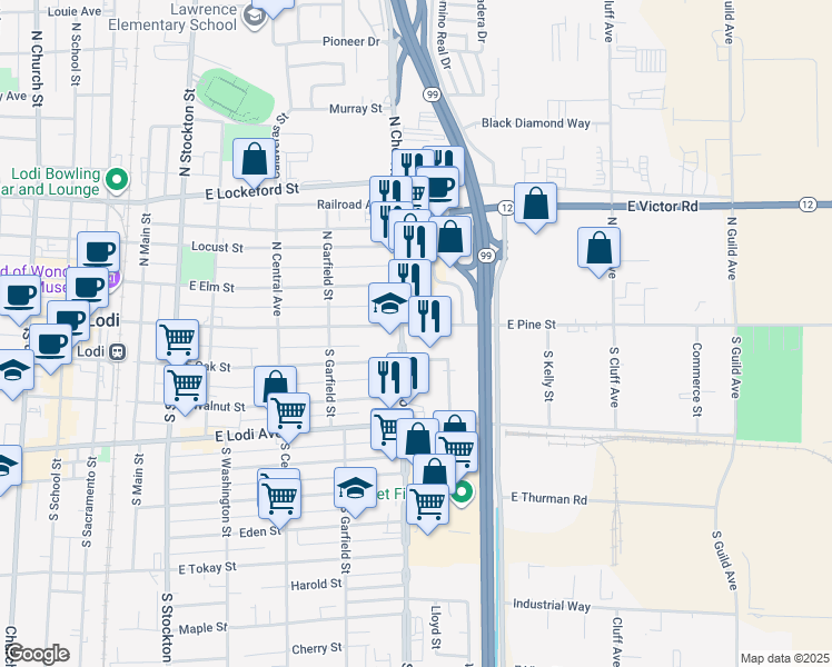 map of restaurants, bars, coffee shops, grocery stores, and more near 611 East Pine Street in Lodi