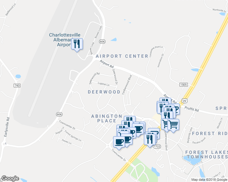 map of restaurants, bars, coffee shops, grocery stores, and more near 699 Deerwood Drive in Charlottesville