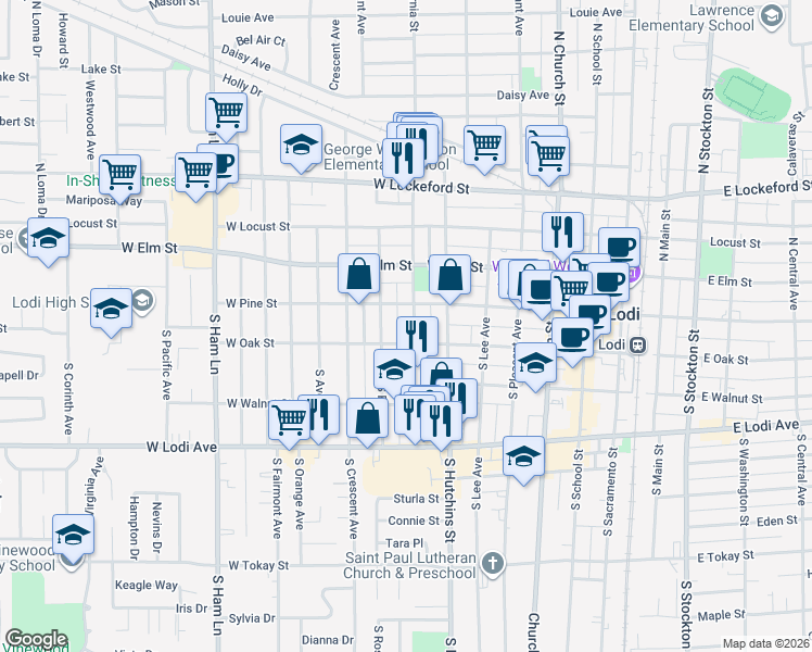 map of restaurants, bars, coffee shops, grocery stores, and more near 603 West Pine Street in Lodi