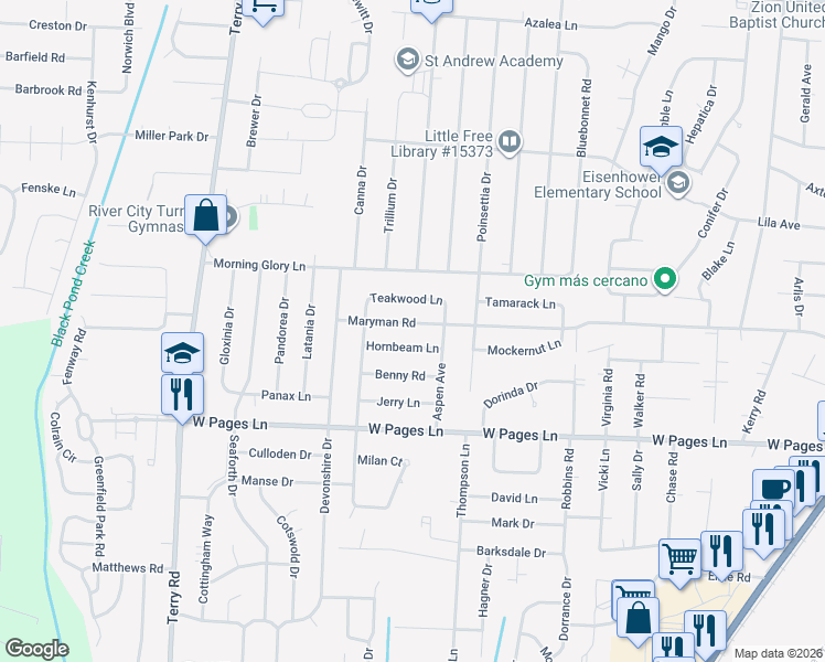 map of restaurants, bars, coffee shops, grocery stores, and more near 5802 Teakwood Lane in Louisville