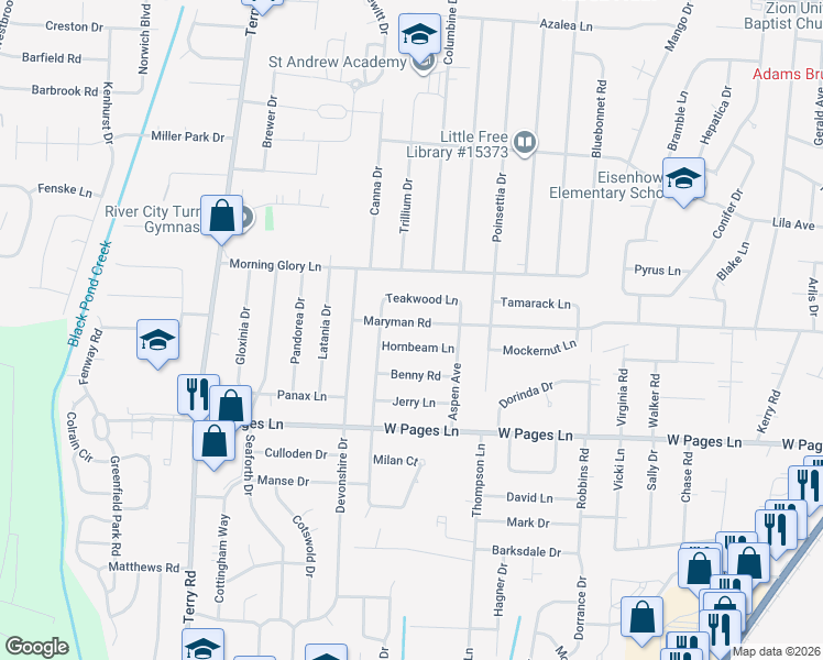 map of restaurants, bars, coffee shops, grocery stores, and more near 5814 Teakwood Lane in Louisville