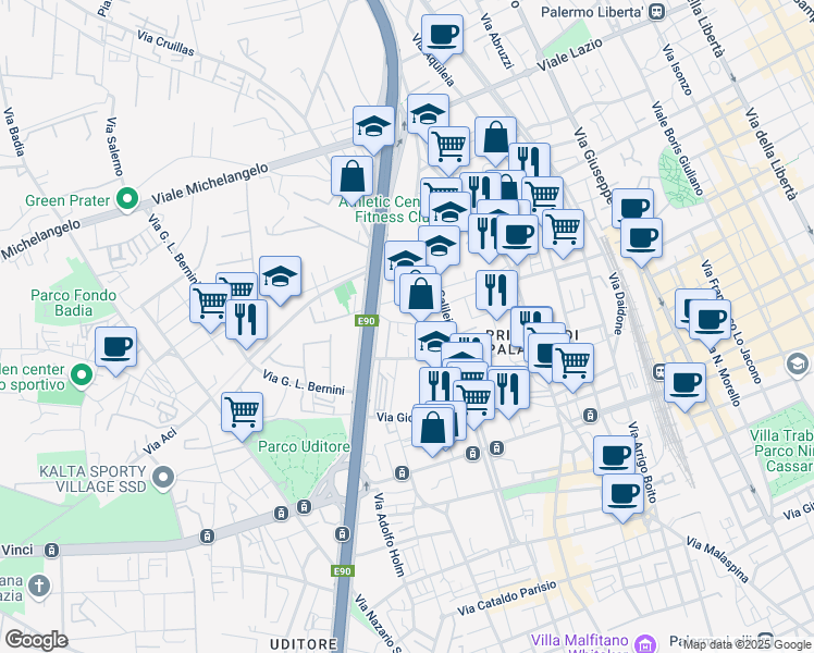 map of restaurants, bars, coffee shops, grocery stores, and more near 52 Via Giovanni Paisiello in Palermo