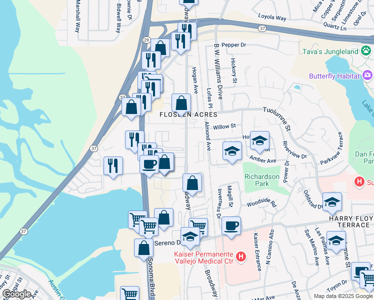 map of restaurants, bars, coffee shops, grocery stores, and more near 1500 Broadway in Vallejo
