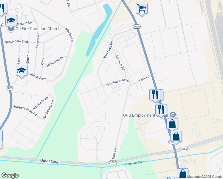 map of restaurants, bars, coffee shops, grocery stores, and more near 401 Fledge Drive in Louisville