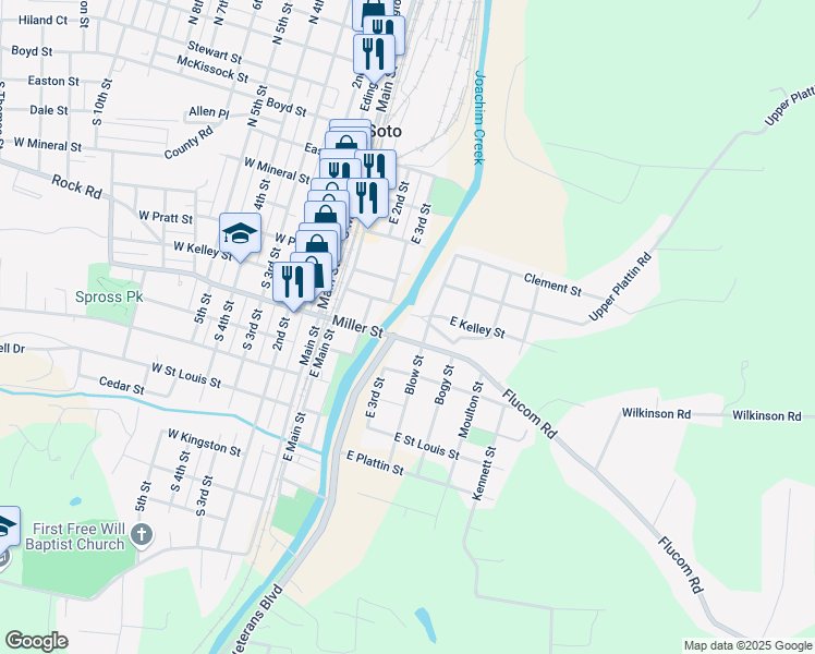map of restaurants, bars, coffee shops, grocery stores, and more near 300 East Miller Street in De Soto