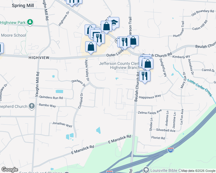 map of restaurants, bars, coffee shops, grocery stores, and more near 7620 Newton Court in Louisville
