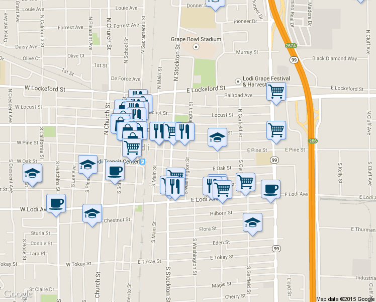 map of restaurants, bars, coffee shops, grocery stores, and more near Pine Street in Lodi
