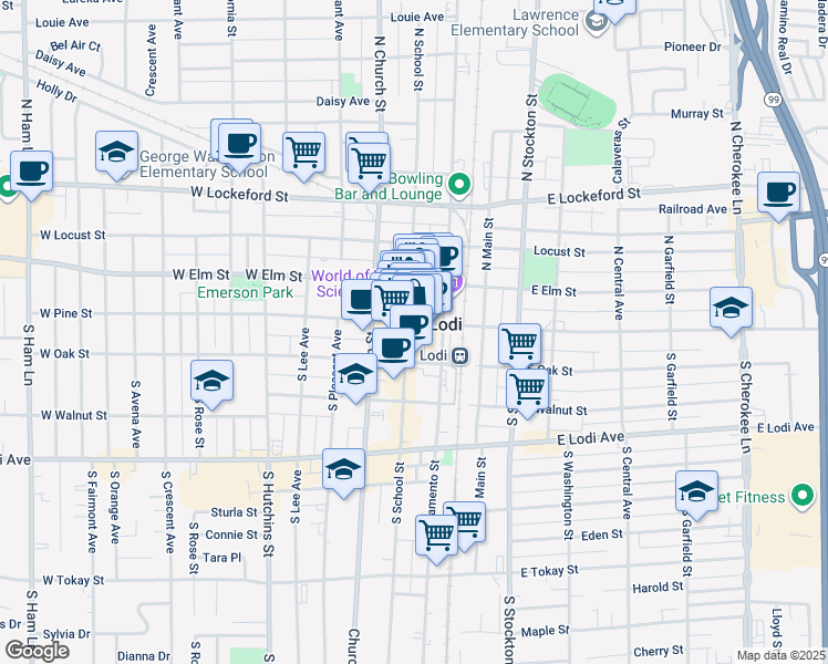 map of restaurants, bars, coffee shops, grocery stores, and more near 21 North School Street in Lodi