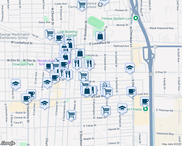 map of restaurants, bars, coffee shops, grocery stores, and more near Pine Street in Lodi
