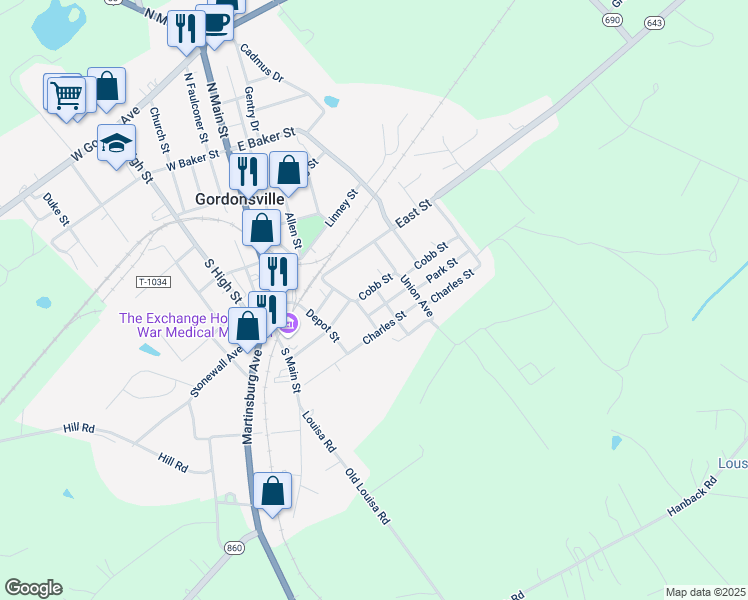 map of restaurants, bars, coffee shops, grocery stores, and more near 307 Cobb Street in Gordonsville