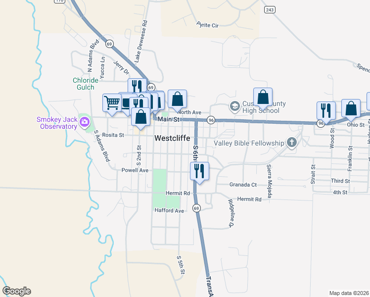 map of restaurants, bars, coffee shops, grocery stores, and more near 208 5th Street in Westcliffe