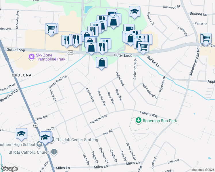 map of restaurants, bars, coffee shops, grocery stores, and more near 7912 Annella Way in Louisville