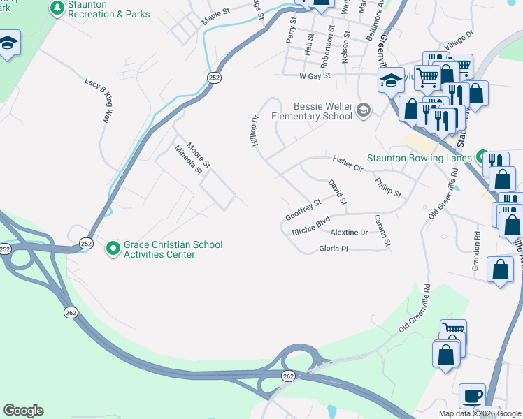 map of restaurants, bars, coffee shops, grocery stores, and more near 809 Moore Street in Staunton