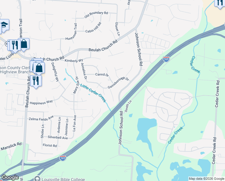 map of restaurants, bars, coffee shops, grocery stores, and more near 7803 Watering Place in Louisville