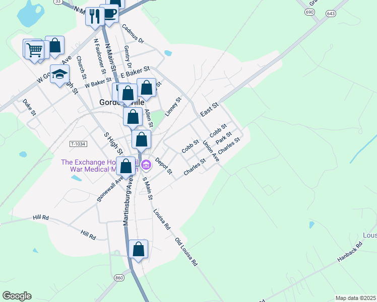 map of restaurants, bars, coffee shops, grocery stores, and more near 307 Cobb Street in Gordonsville
