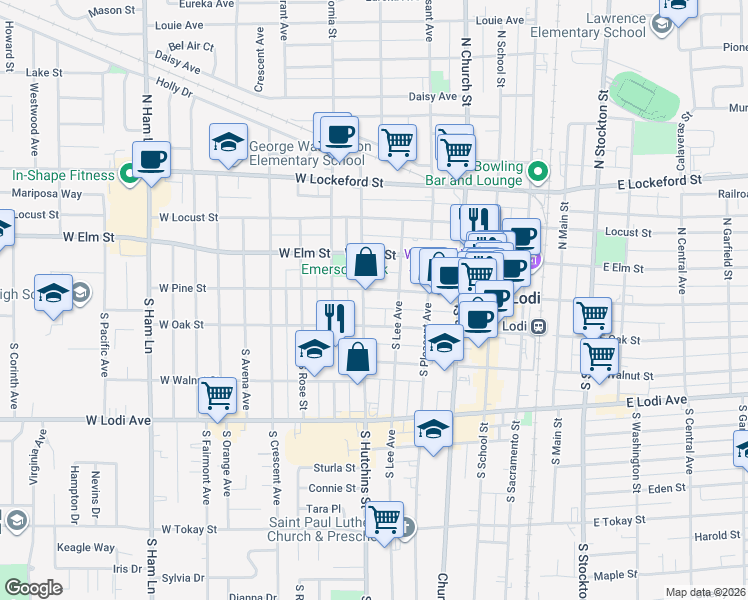 map of restaurants, bars, coffee shops, grocery stores, and more near 405 West Pine Street in Lodi