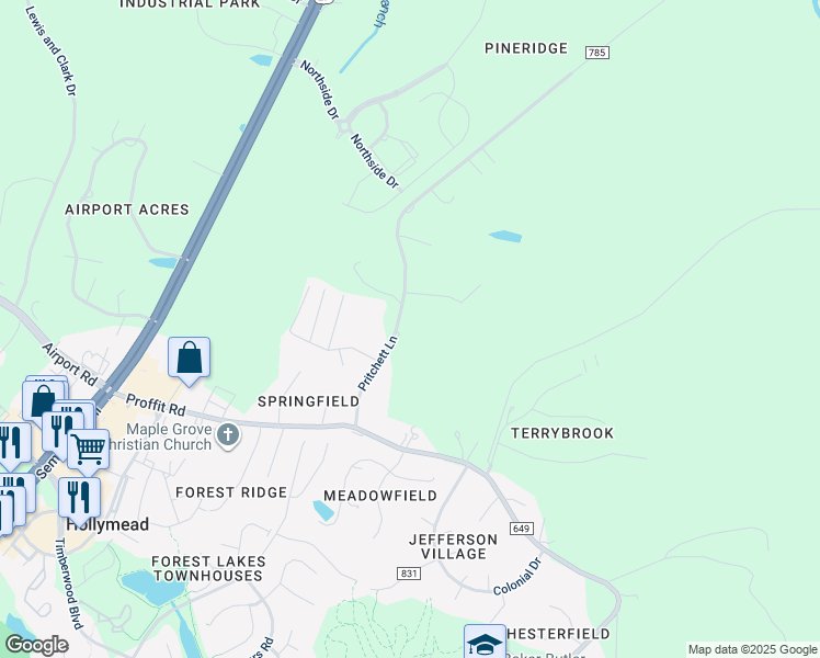 map of restaurants, bars, coffee shops, grocery stores, and more near 3545 Pritchett Lane in Charlottesville