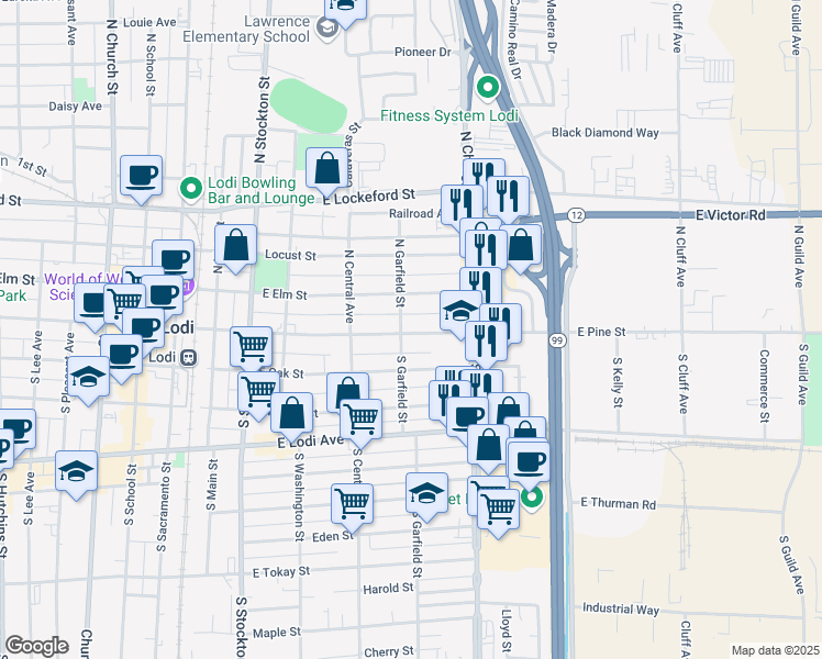 map of restaurants, bars, coffee shops, grocery stores, and more near 10 North Garfield Street in Lodi