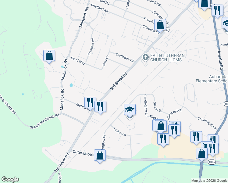 map of restaurants, bars, coffee shops, grocery stores, and more near 7725 3rd Street Road in Louisville