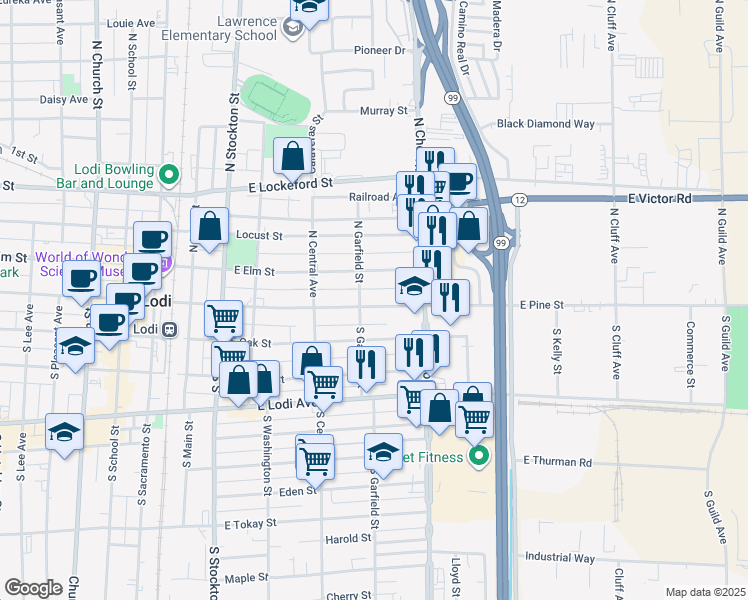 map of restaurants, bars, coffee shops, grocery stores, and more near 10 North Garfield Street in Lodi
