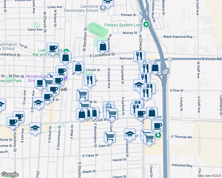 map of restaurants, bars, coffee shops, grocery stores, and more near 424 East Elm Street in Lodi
