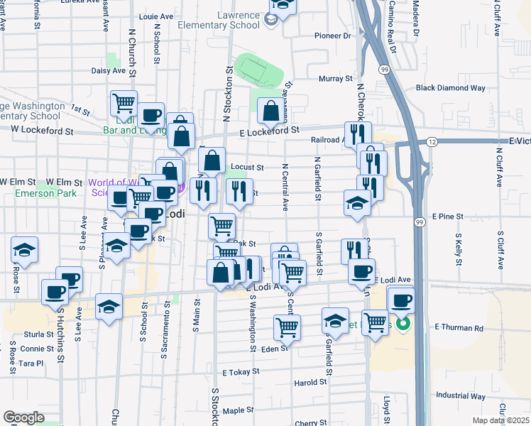 map of restaurants, bars, coffee shops, grocery stores, and more near 17 North Central Avenue in Lodi