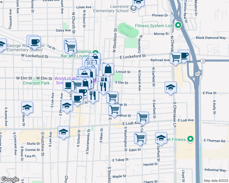 map of restaurants, bars, coffee shops, grocery stores, and more near 16 North Stockton Street in Lodi