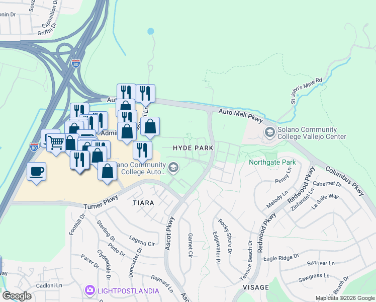 map of restaurants, bars, coffee shops, grocery stores, and more near 9086 Cambridge Circle in Vallejo
