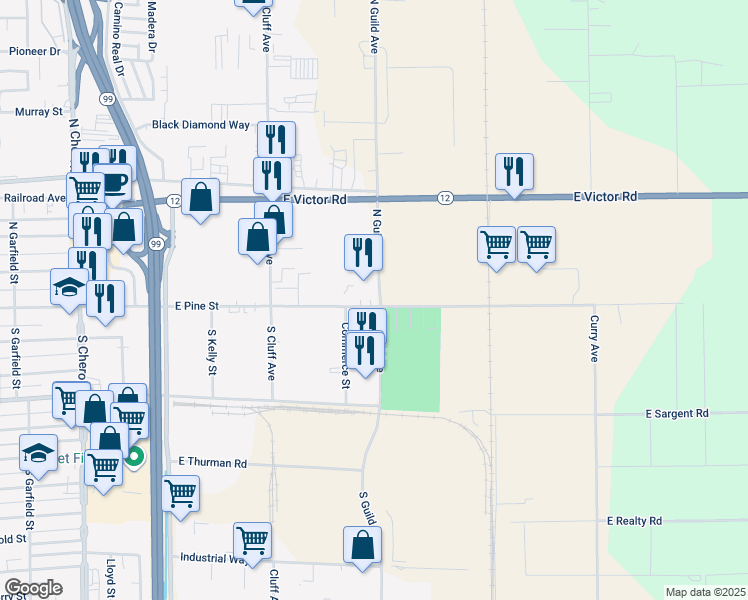 map of restaurants, bars, coffee shops, grocery stores, and more near 1371 East Pine Street in Lodi