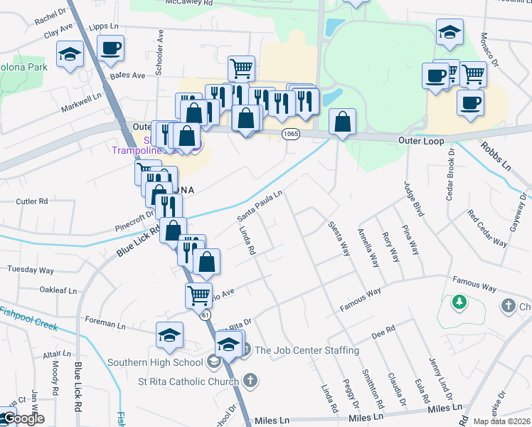 map of restaurants, bars, coffee shops, grocery stores, and more near 4412 Santa Paula Lane in Louisville