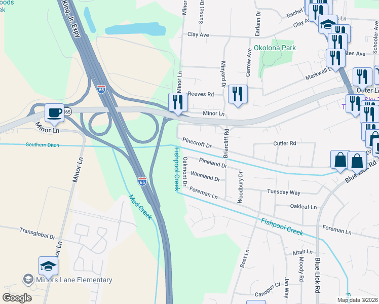map of restaurants, bars, coffee shops, grocery stores, and more near 8002 Oakmont Drive in Louisville