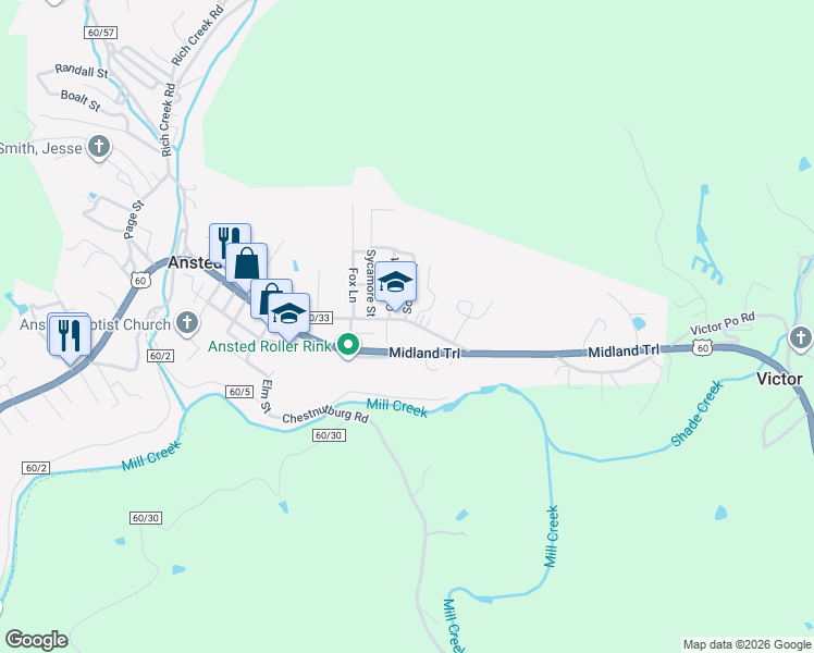 map of restaurants, bars, coffee shops, grocery stores, and more near 268 James River and Kanawha Turnpike East in Ansted