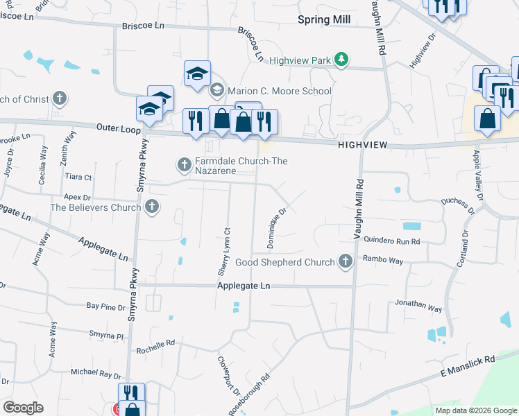 map of restaurants, bars, coffee shops, grocery stores, and more near 7709 Rochelle Road in Louisville