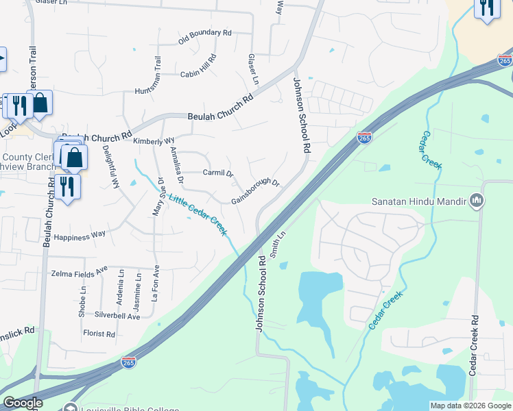 map of restaurants, bars, coffee shops, grocery stores, and more near 7706 Johnson School Road in Louisville