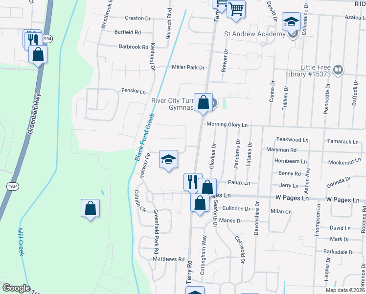 map of restaurants, bars, coffee shops, grocery stores, and more near 8210 Biscane Drive in Louisville