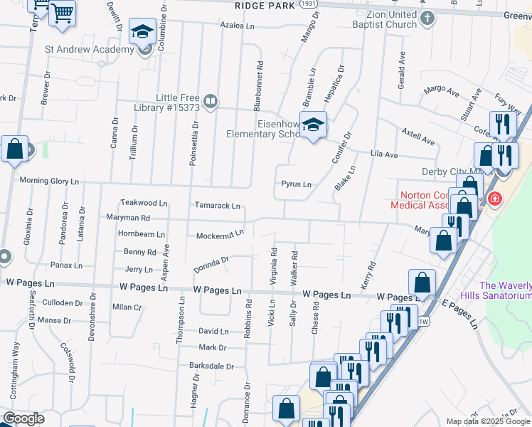 map of restaurants, bars, coffee shops, grocery stores, and more near 5505 Maryman Road in Louisville