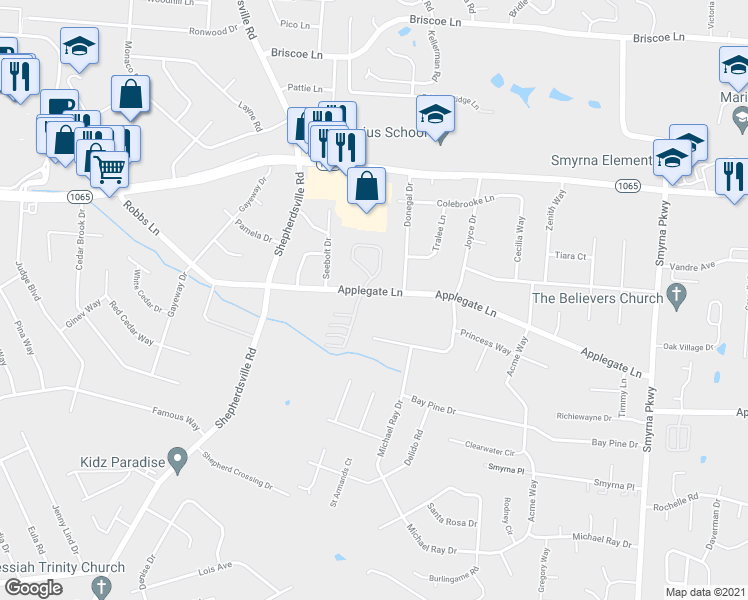 map of restaurants, bars, coffee shops, grocery stores, and more near 5700 Applegate Lane in Louisville