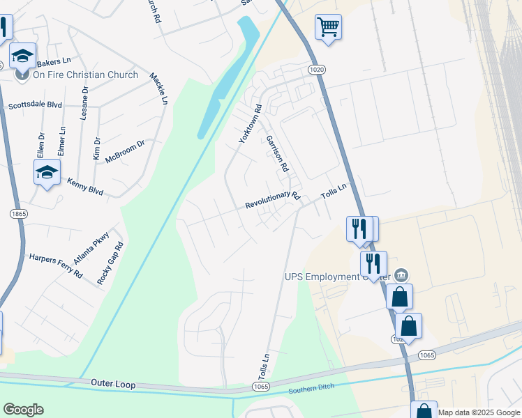 map of restaurants, bars, coffee shops, grocery stores, and more near 401 Fledge Drive in Louisville