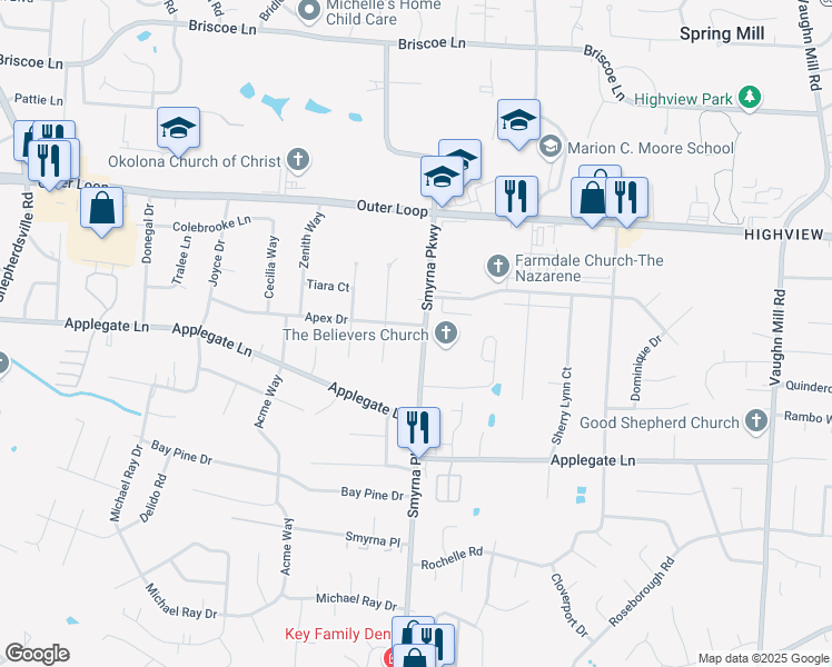 map of restaurants, bars, coffee shops, grocery stores, and more near 7900 Smyrna Parkway in Louisville