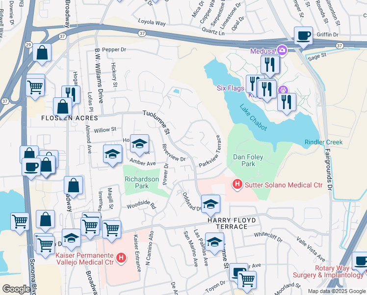 map of restaurants, bars, coffee shops, grocery stores, and more near 355 Parkview Terrace in Vallejo