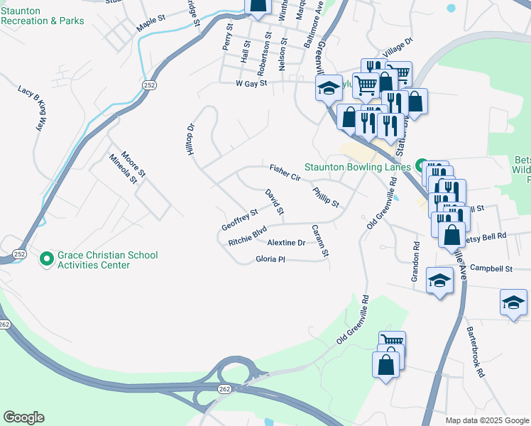 map of restaurants, bars, coffee shops, grocery stores, and more near 804 Geoffrey Street in Staunton
