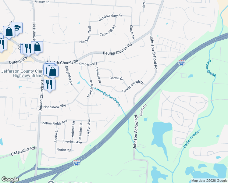 map of restaurants, bars, coffee shops, grocery stores, and more near 8504 Gainsborough Drive in Louisville
