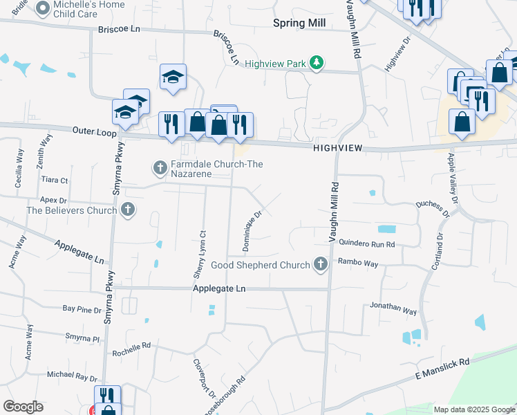 map of restaurants, bars, coffee shops, grocery stores, and more near 7712 Dominique Drive in Louisville