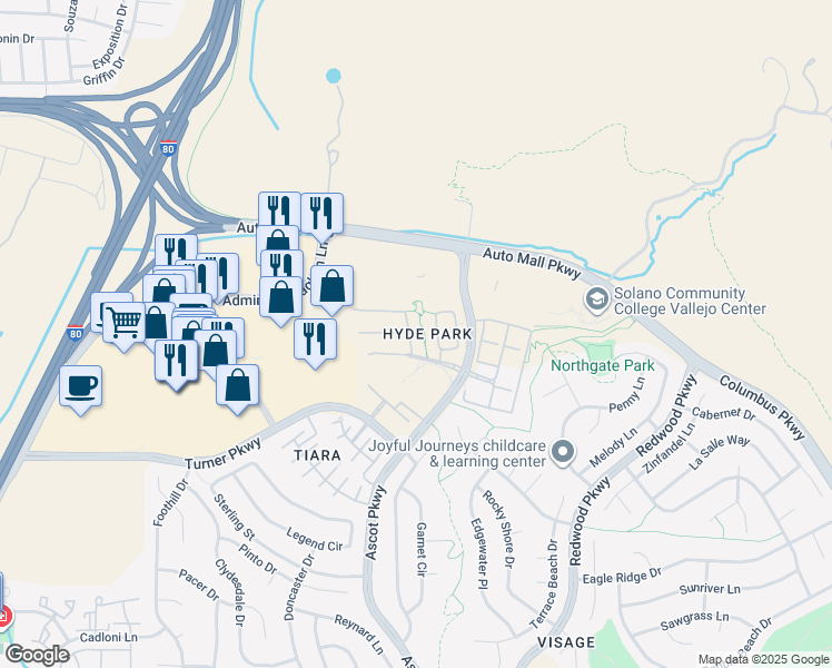 map of restaurants, bars, coffee shops, grocery stores, and more near 9216 Hallmark Place in Vallejo