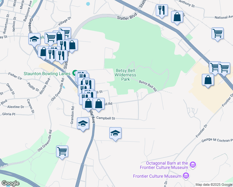 map of restaurants, bars, coffee shops, grocery stores, and more near 411 Ramsey St in Staunton