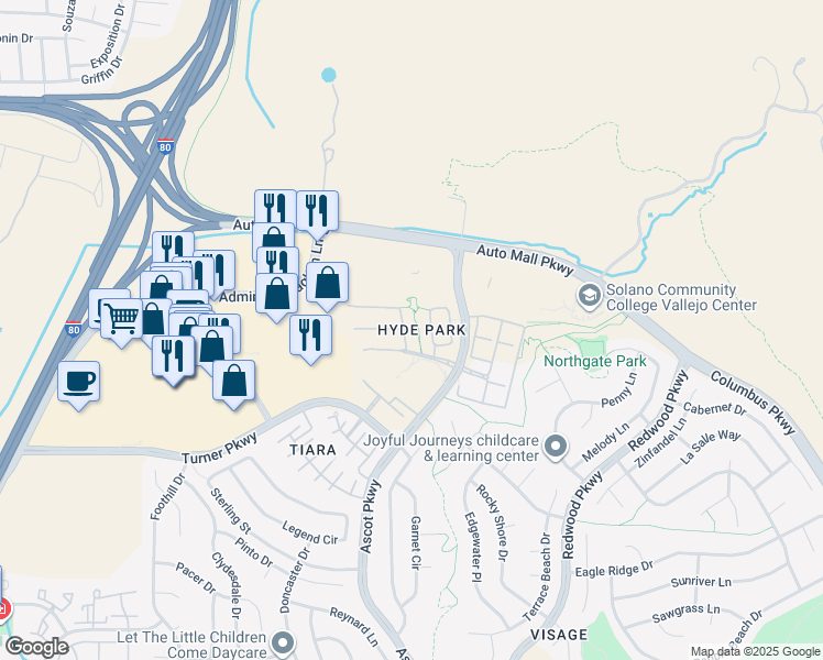 map of restaurants, bars, coffee shops, grocery stores, and more near 9216 Hallmark Place in Vallejo