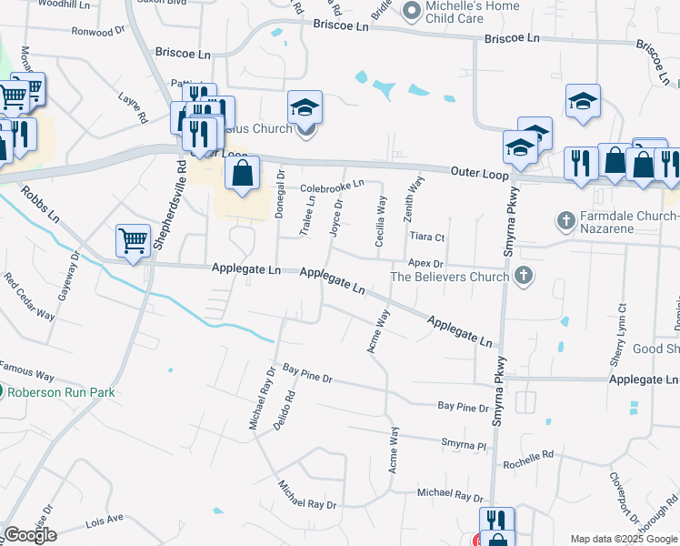 map of restaurants, bars, coffee shops, grocery stores, and more near 6005 Applegate Lane in Louisville