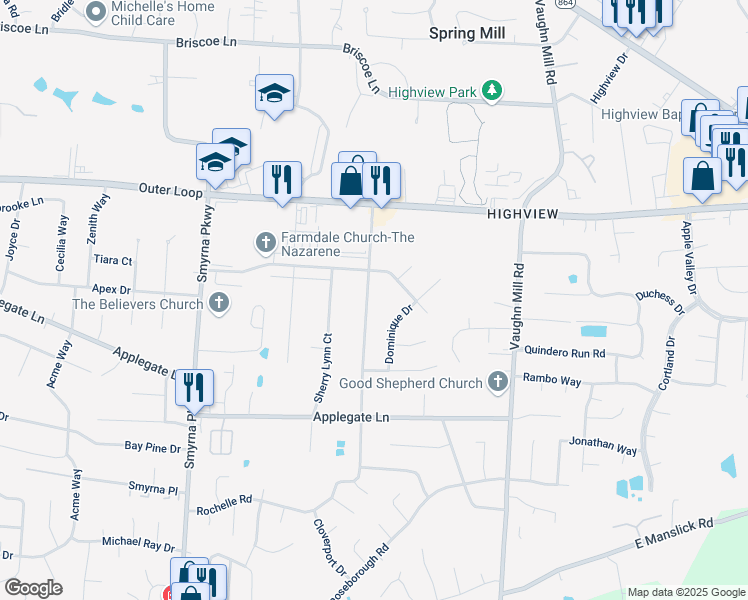 map of restaurants, bars, coffee shops, grocery stores, and more near 7709 Rochelle Road in Louisville